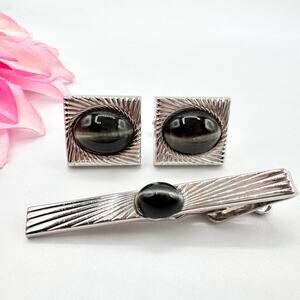 Vintage Swank Gray Tiger’s Eye Cufflink Tie Bar Set Silver Tone Dapper Formal